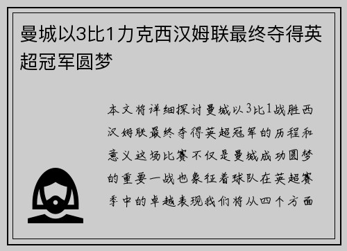 曼城以3比1力克西汉姆联最终夺得英超冠军圆梦