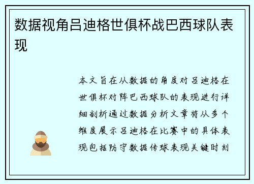 数据视角吕迪格世俱杯战巴西球队表现