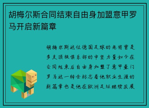 胡梅尔斯合同结束自由身加盟意甲罗马开启新篇章